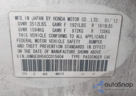 2012 Honda Fit Sport z USA, uszkodzony, nr VIN JHMGE8H56CC015604